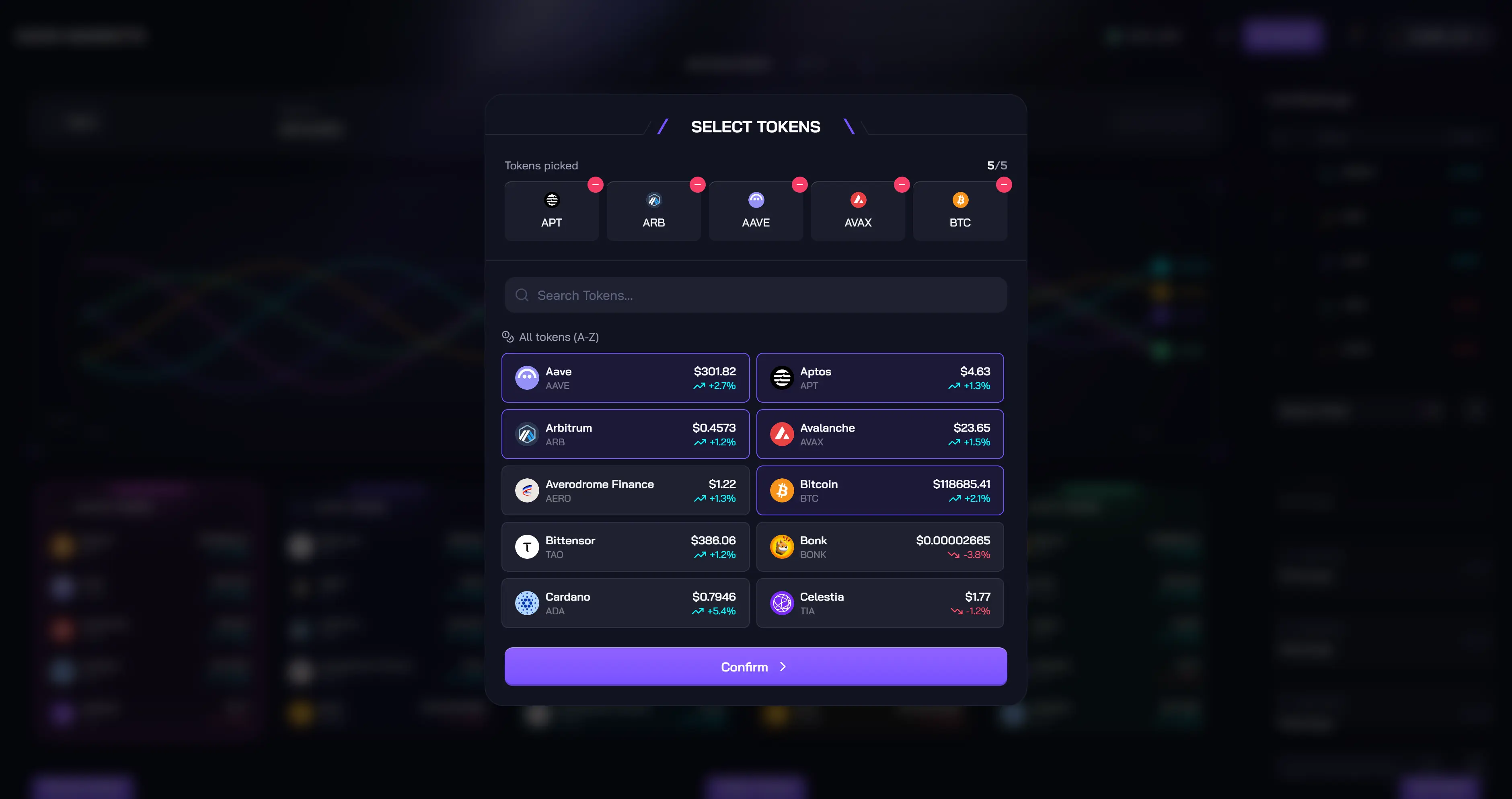 Dash Markets token selection flow