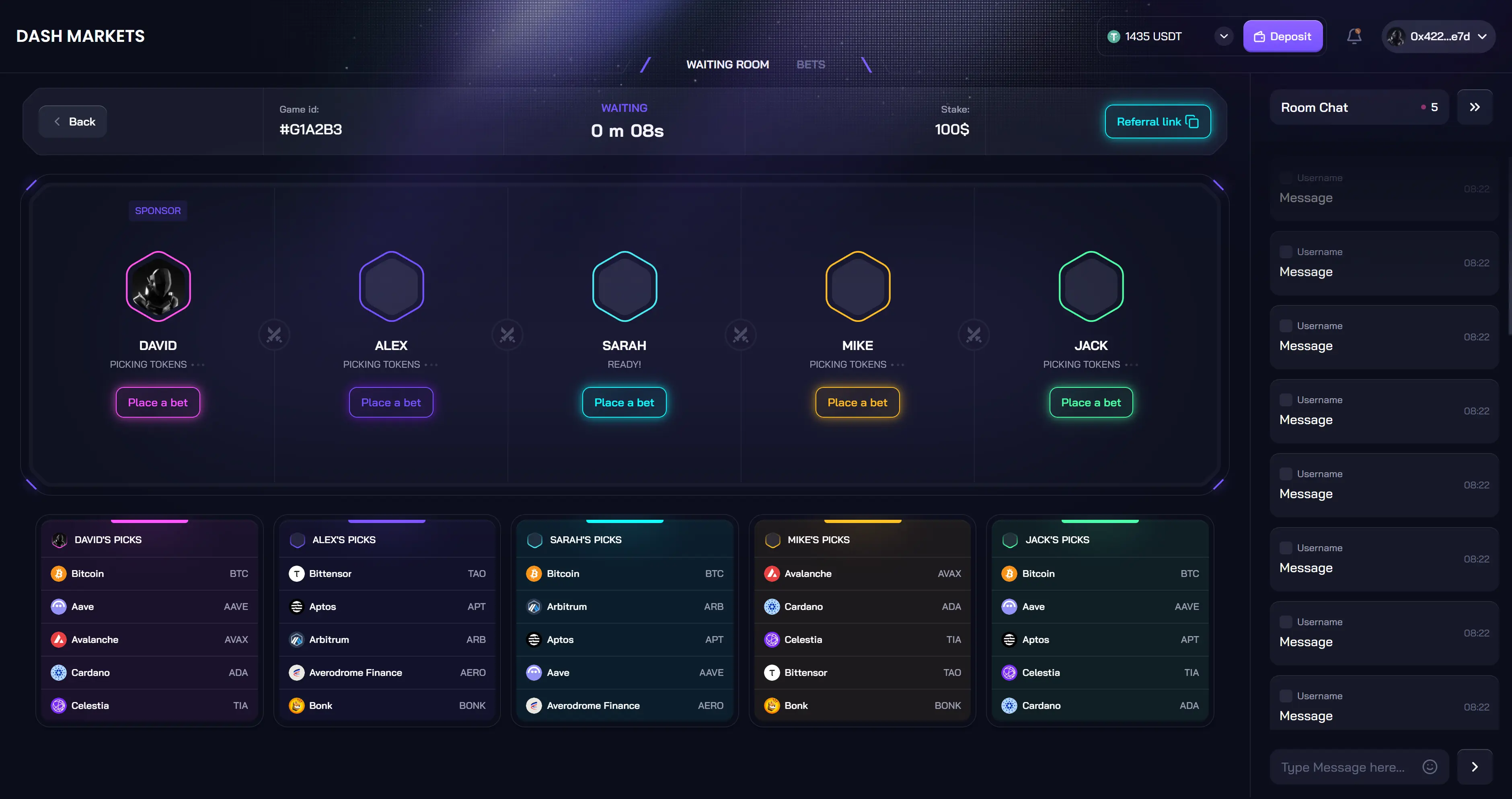 Dash Markets waiting room with player slots