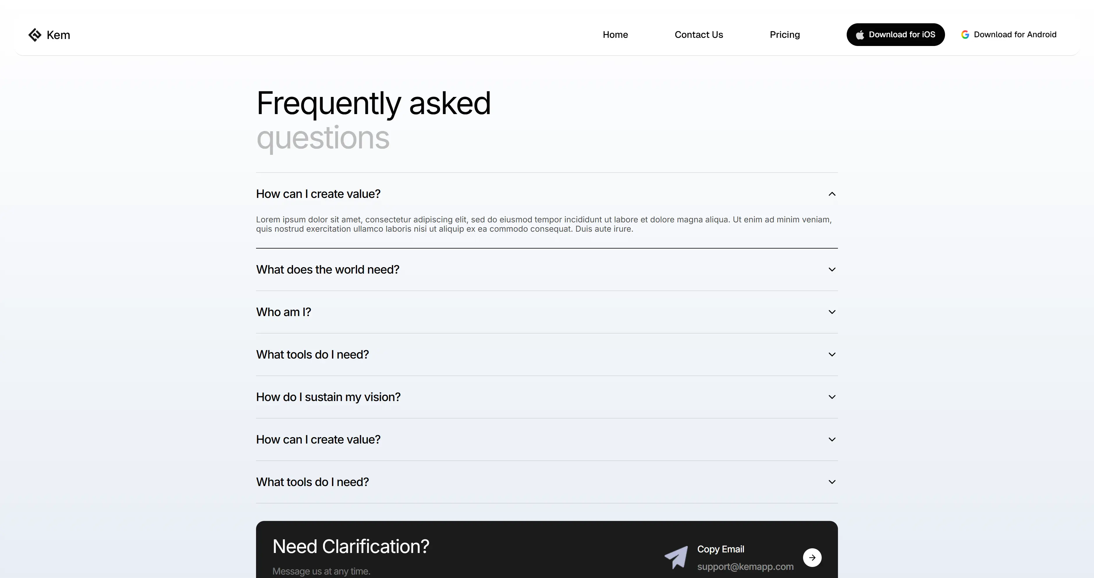 Kem FAQ and support section