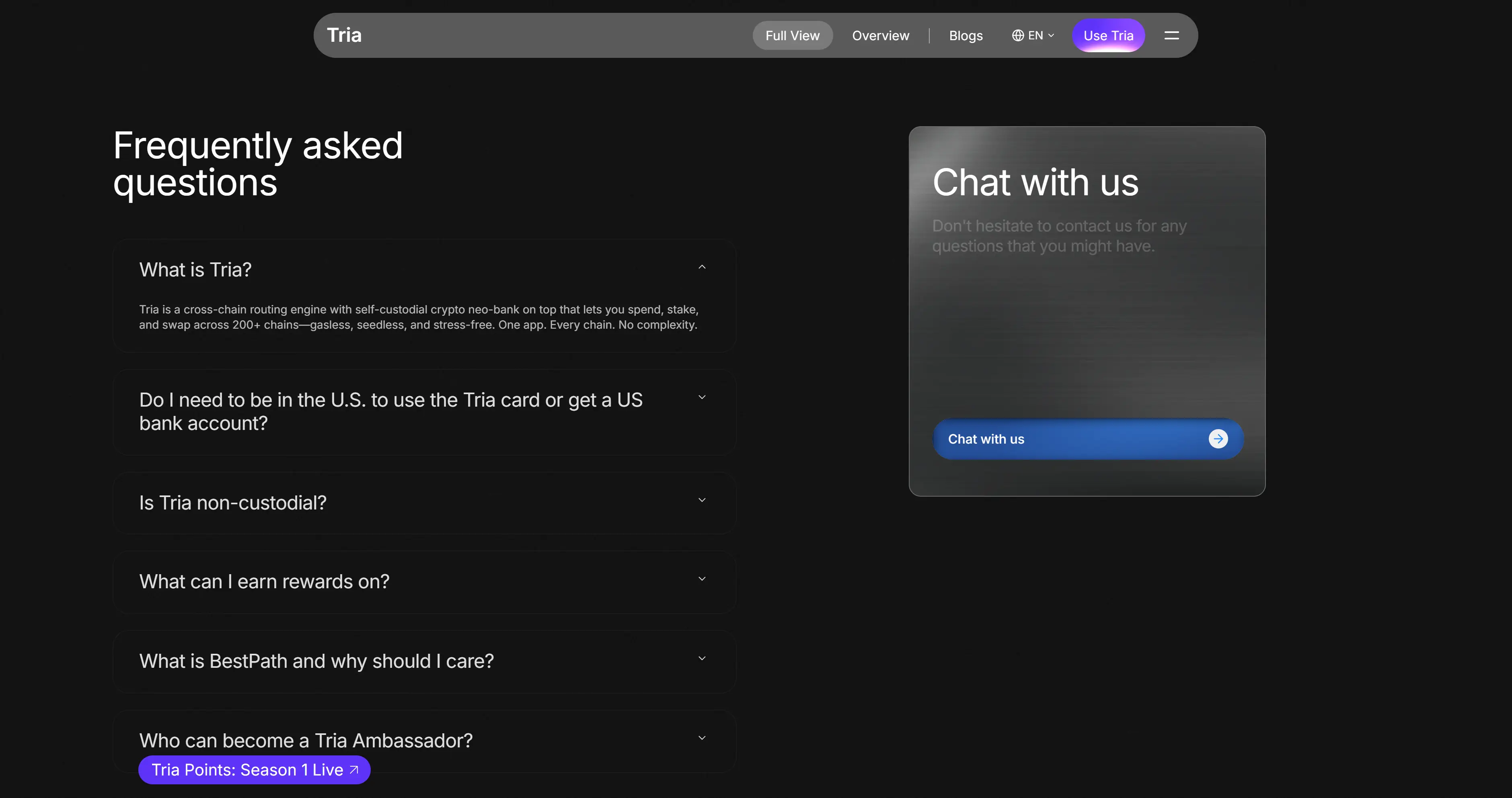 Tria FAQ and support section