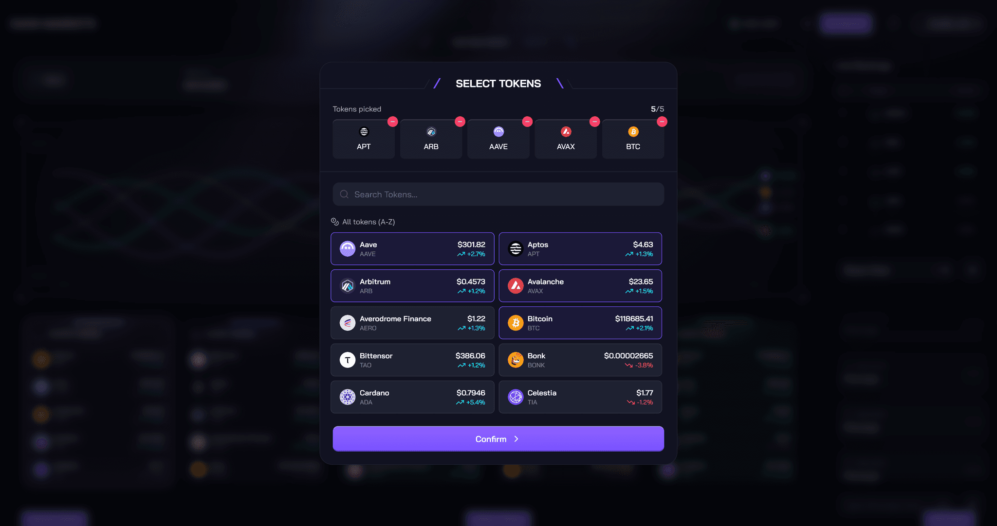 Dash Markets token selection flow