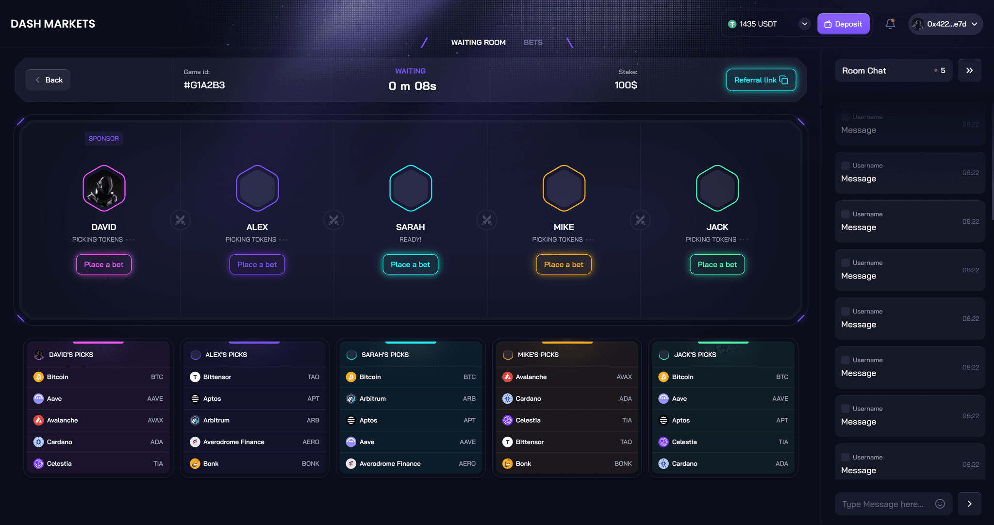 Dash Markets waiting room with player slots