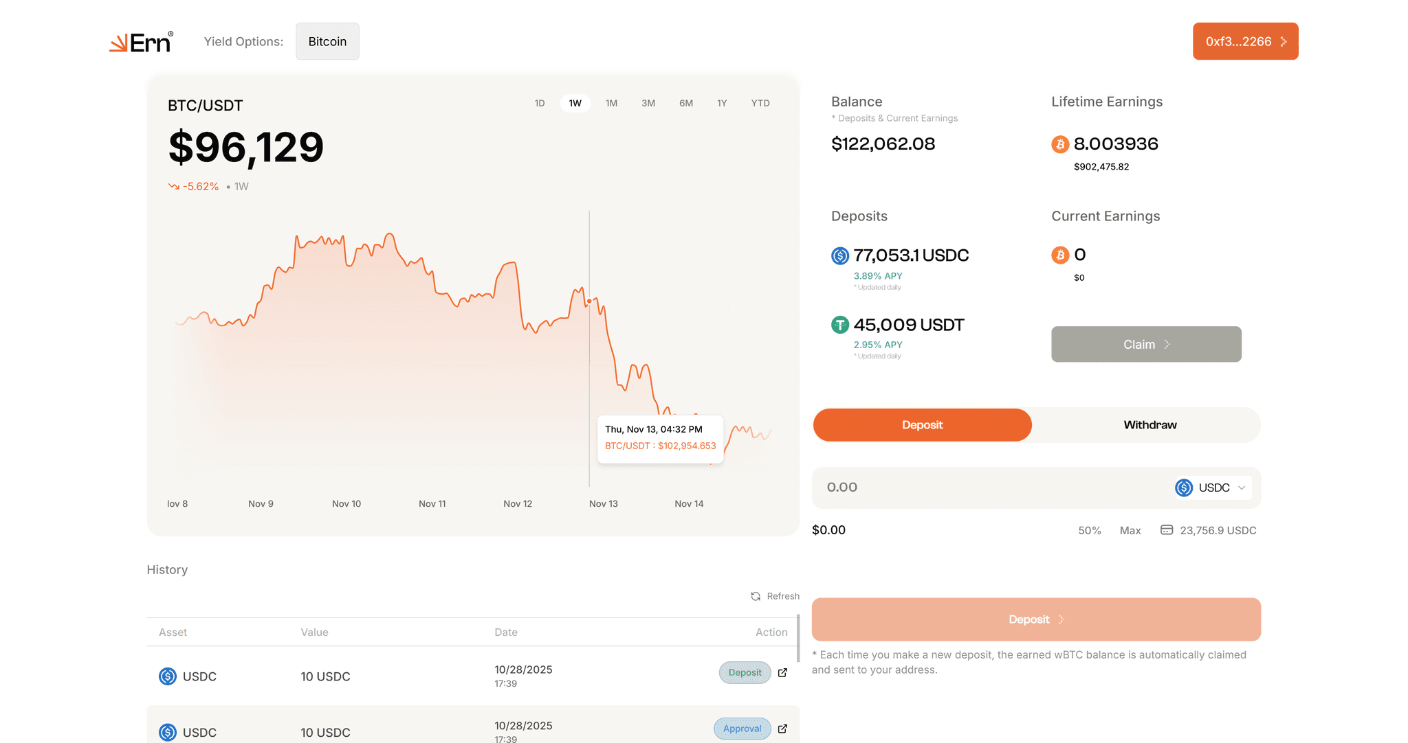 Ern dashboard and deposit flow