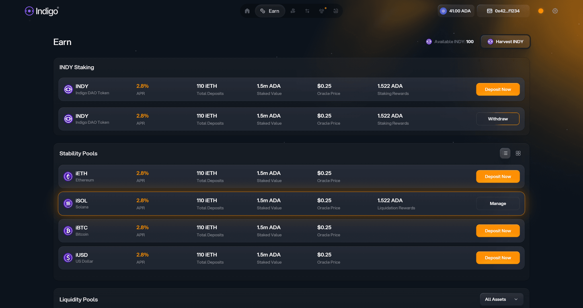 Indigo earn and stability pool view