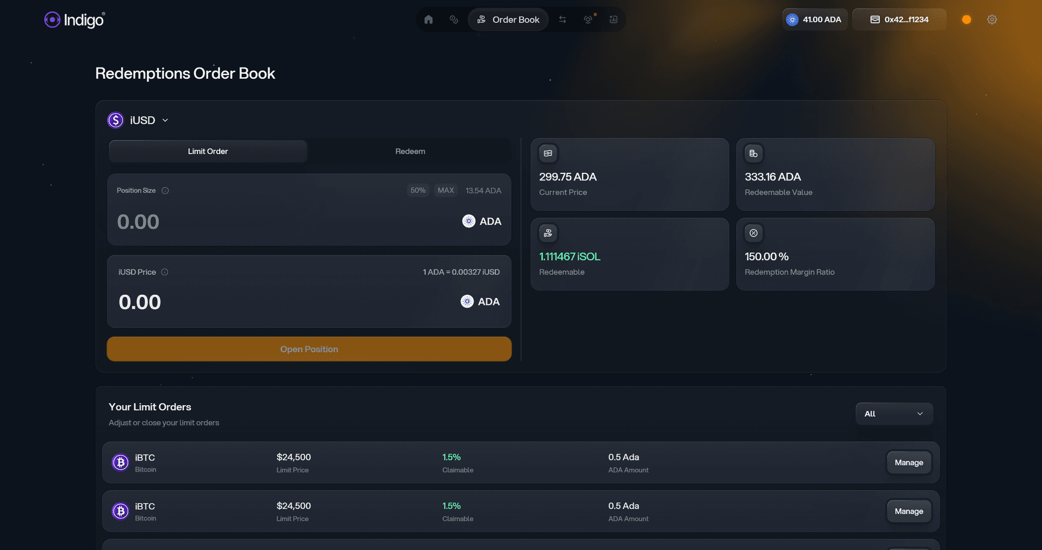 Indigo order book and redemption interface