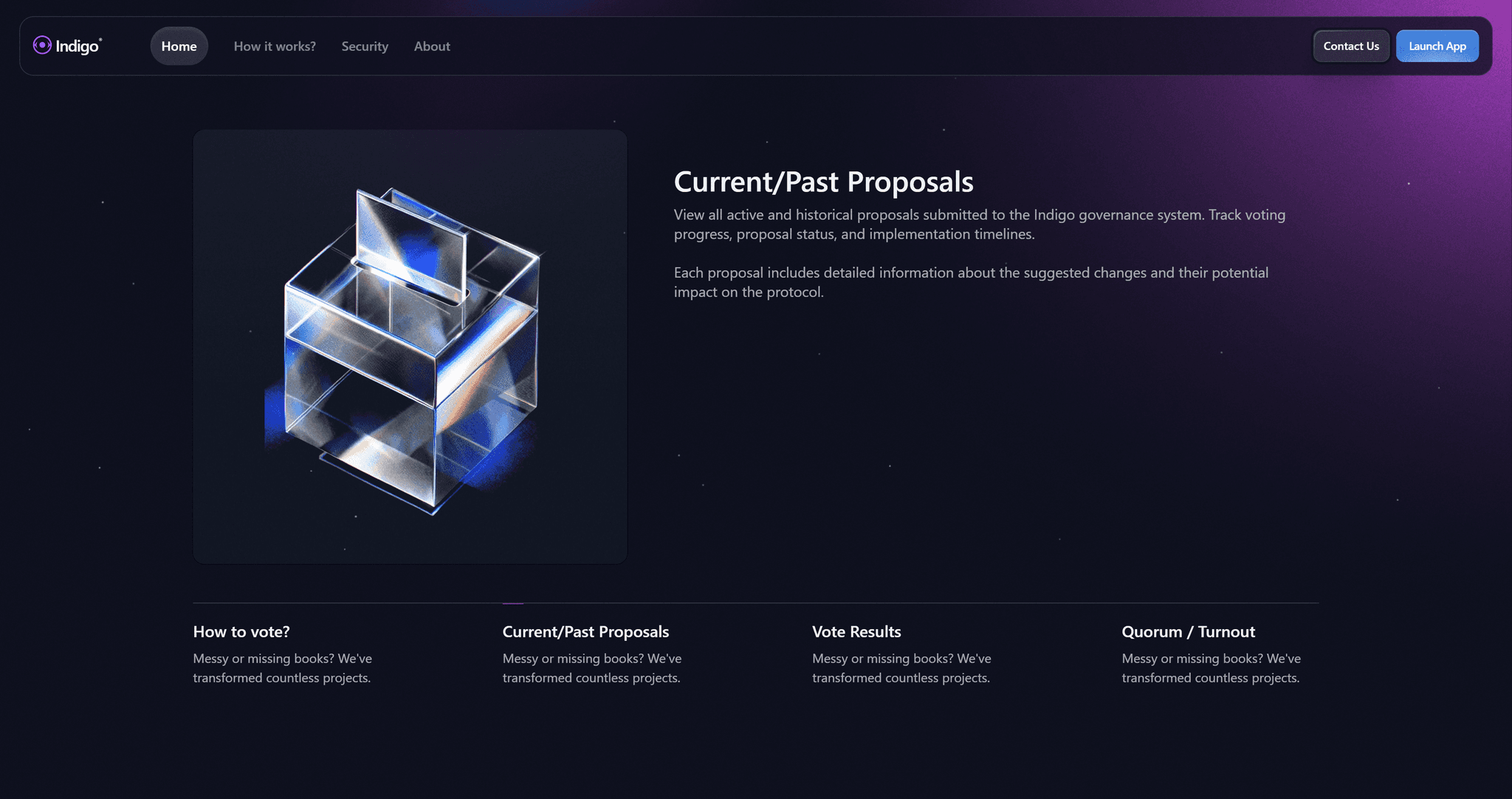 Indigo website slideshow section