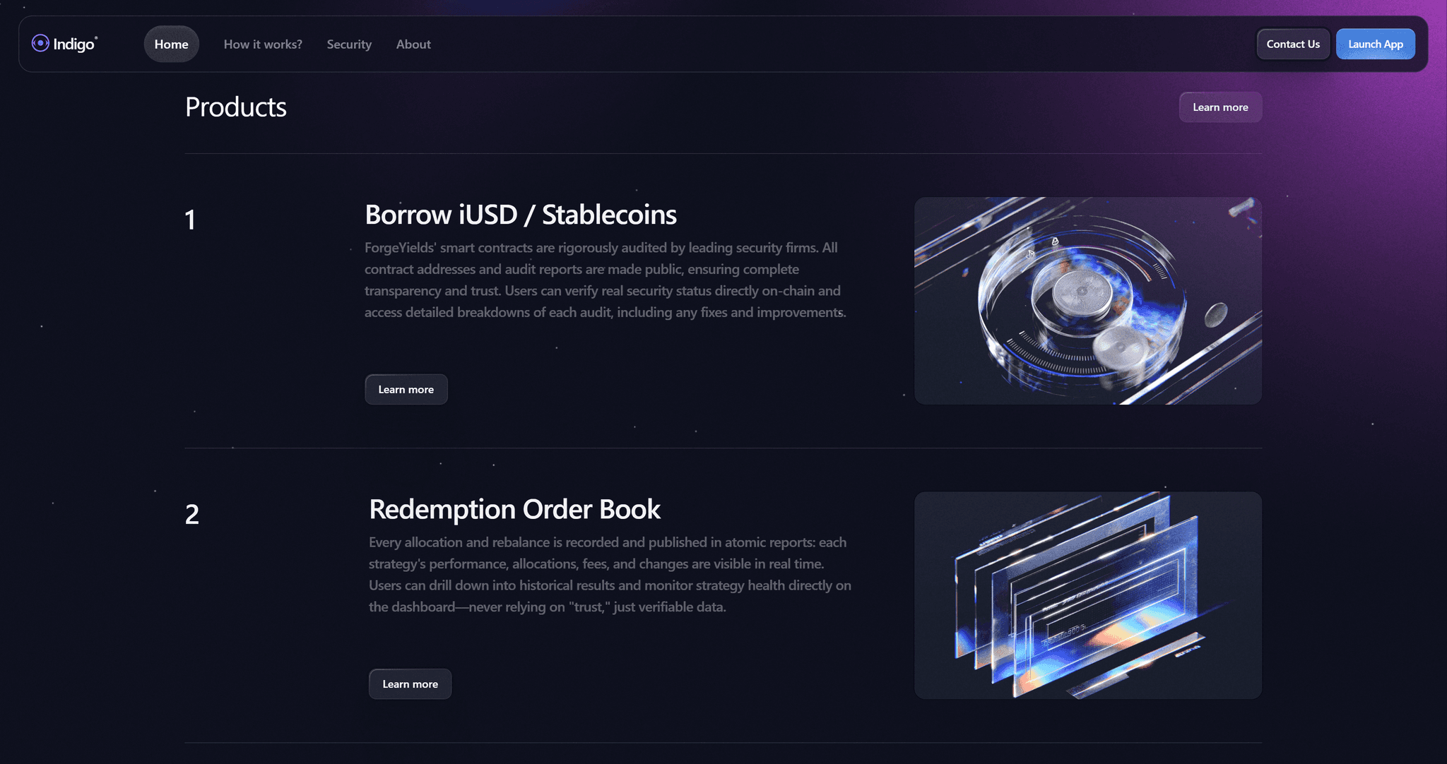 Indigo website products section