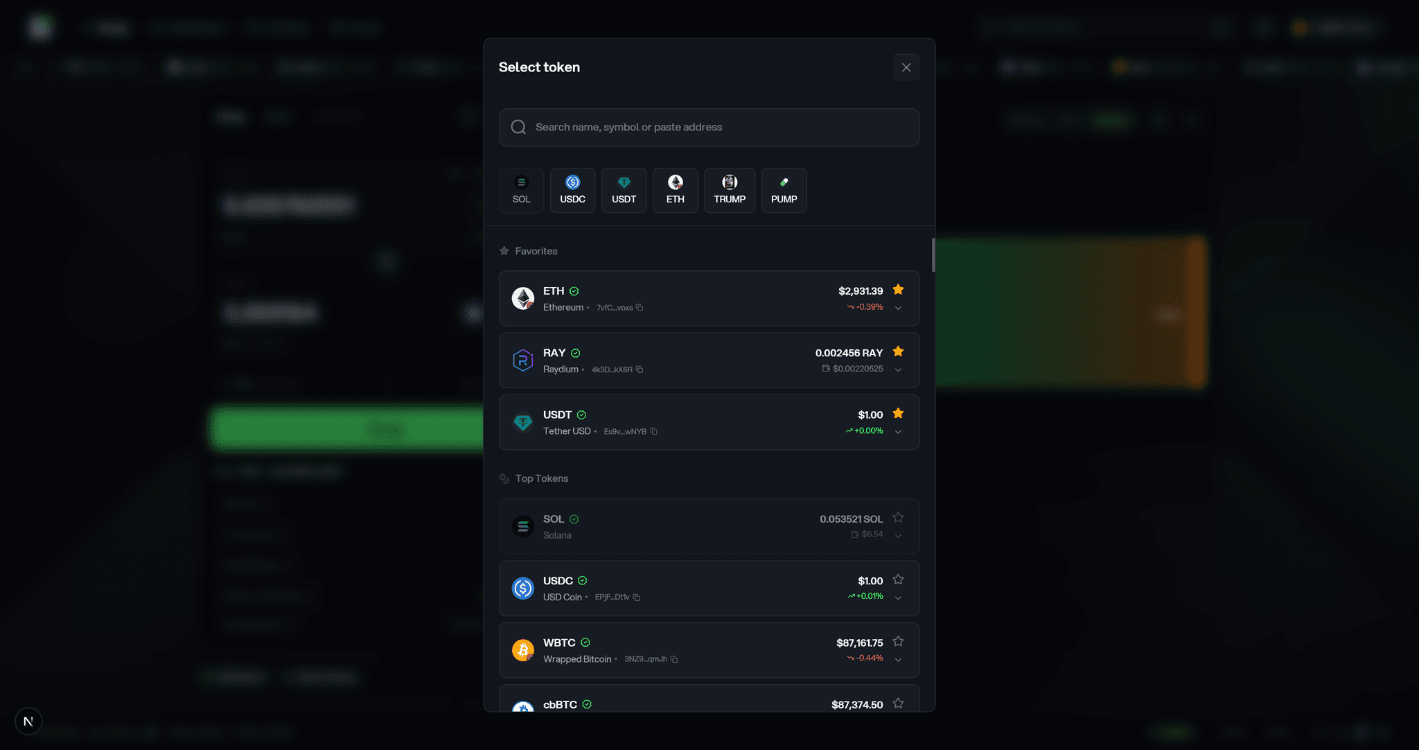 Hera Finance token selection modal