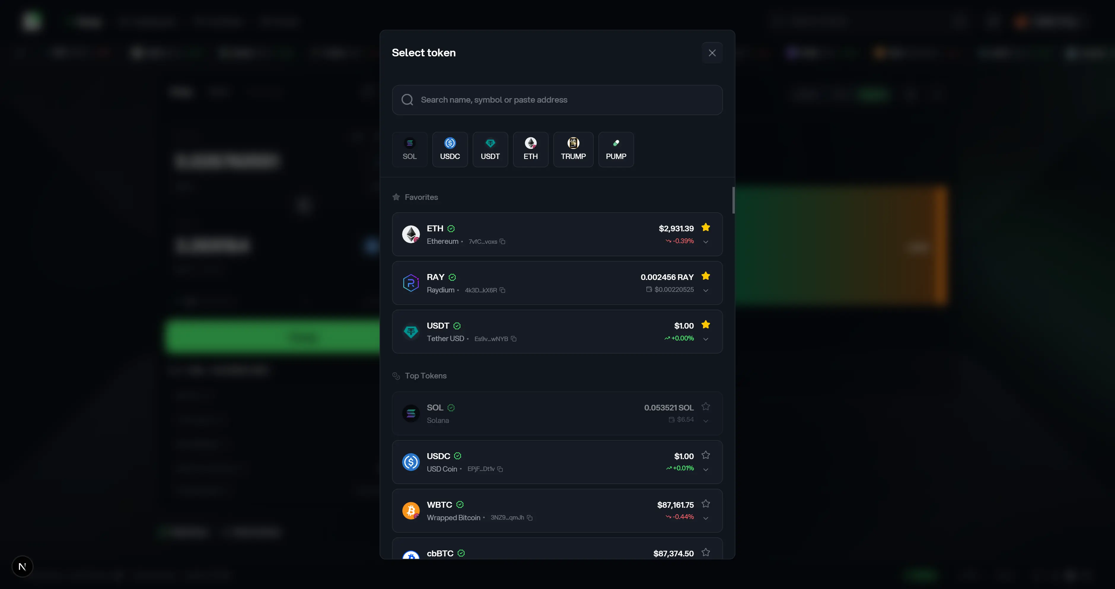 Hera Finance token selection modal