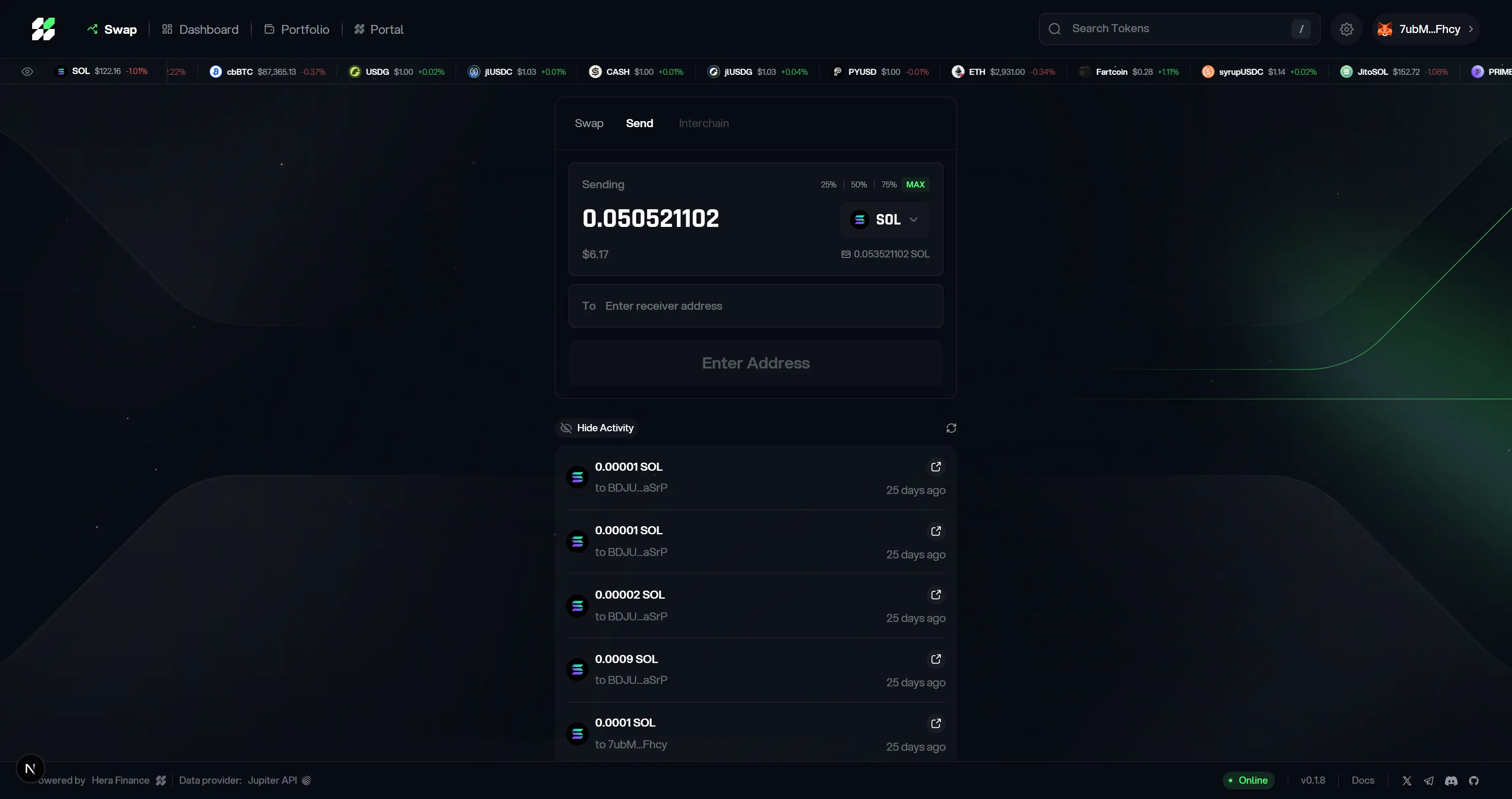 Hera Finance send token flow