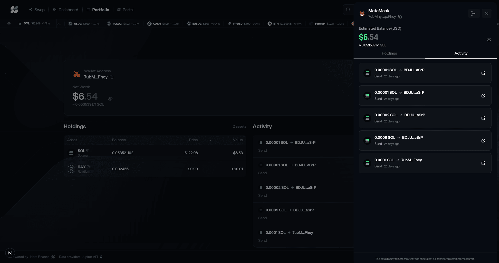 Hera Finance activity sidebar