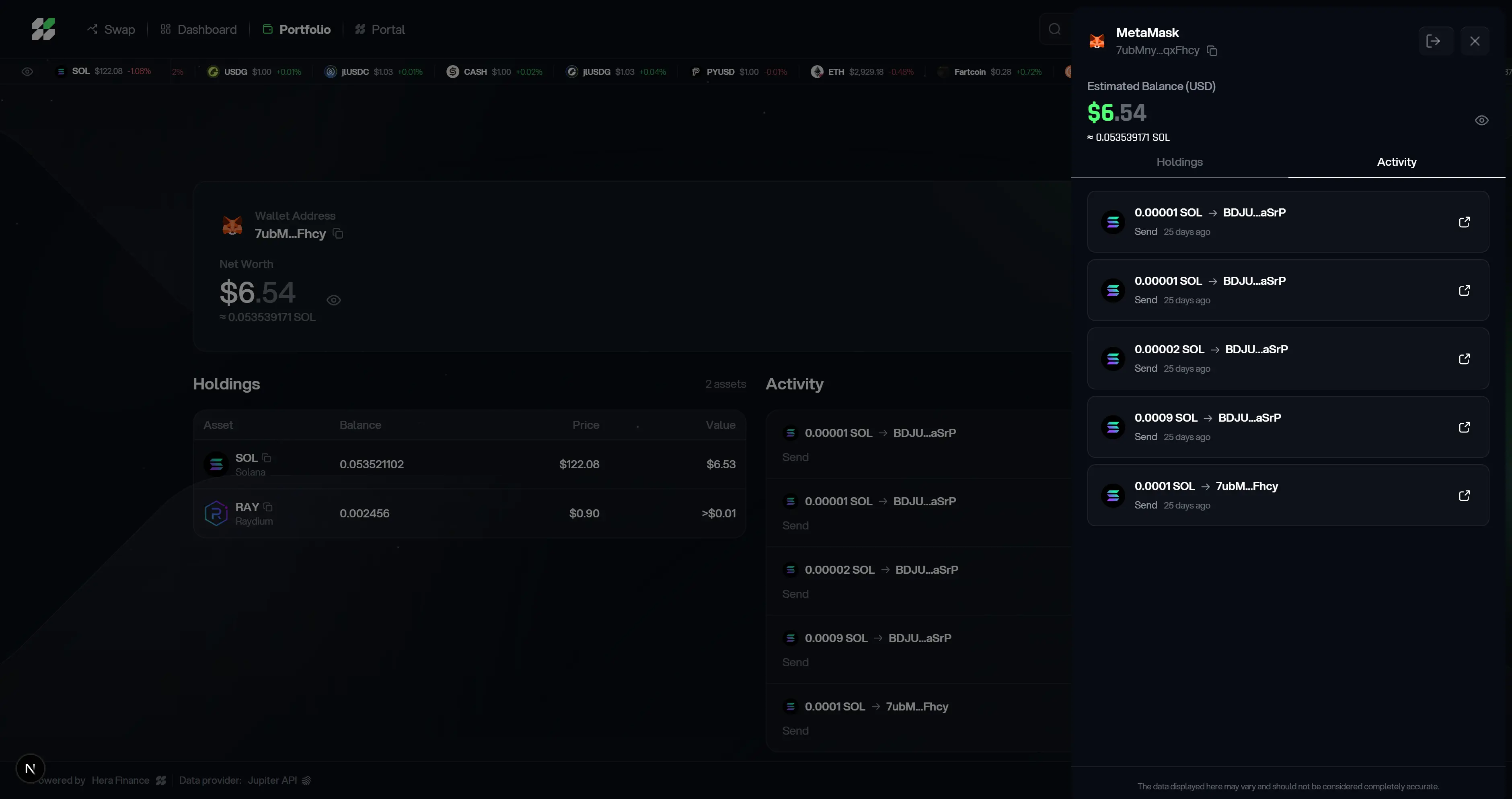 Hera Finance activity sidebar
