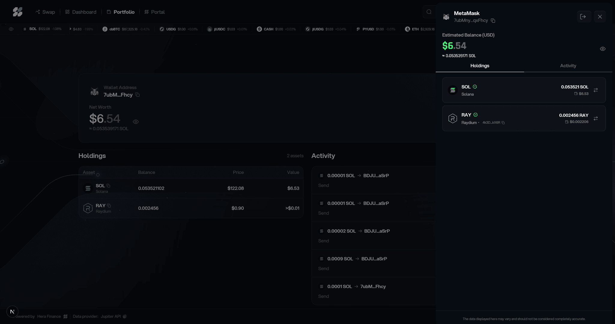 Hera Finance holdings sidebar