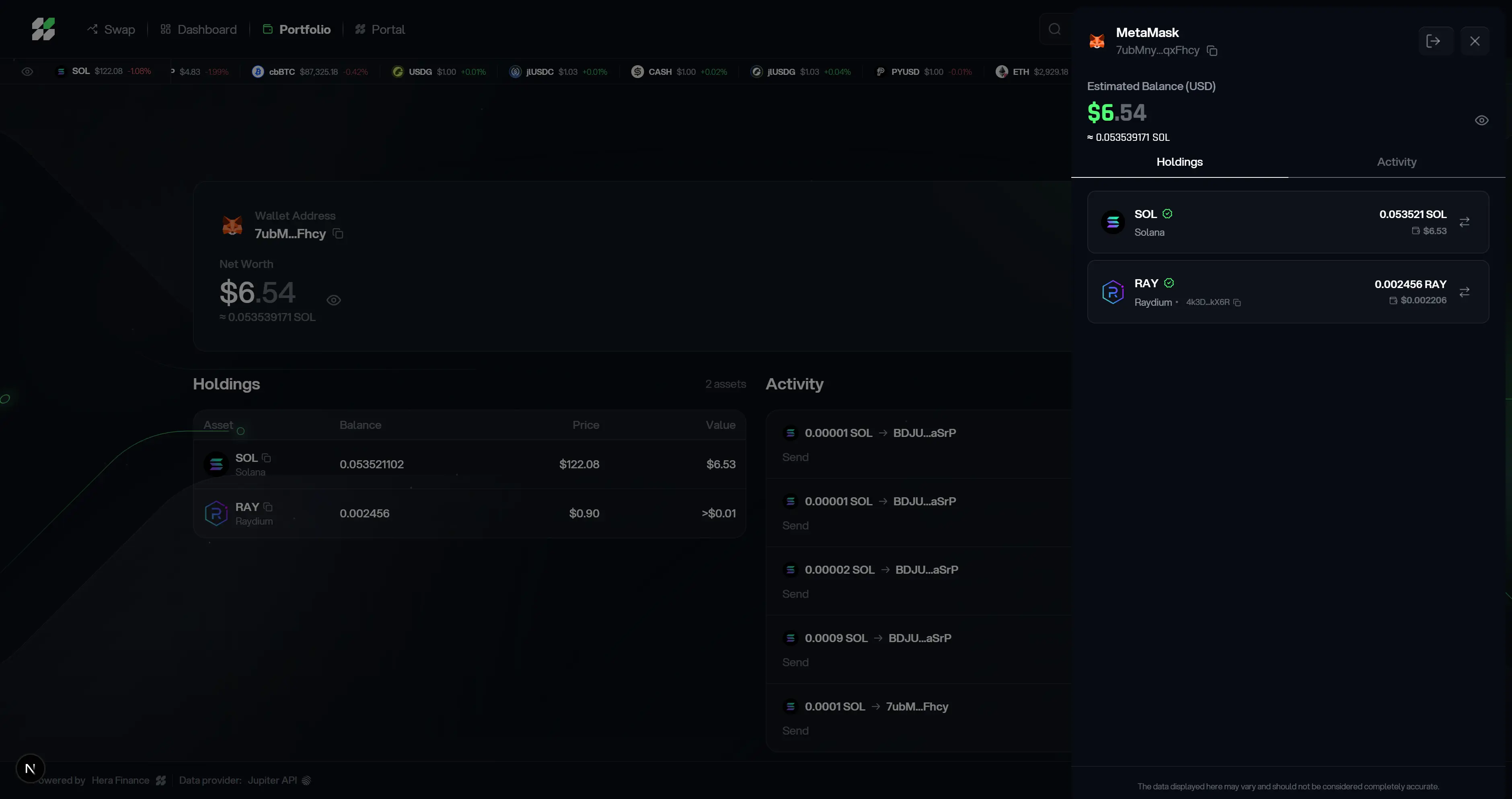 Hera Finance holdings sidebar