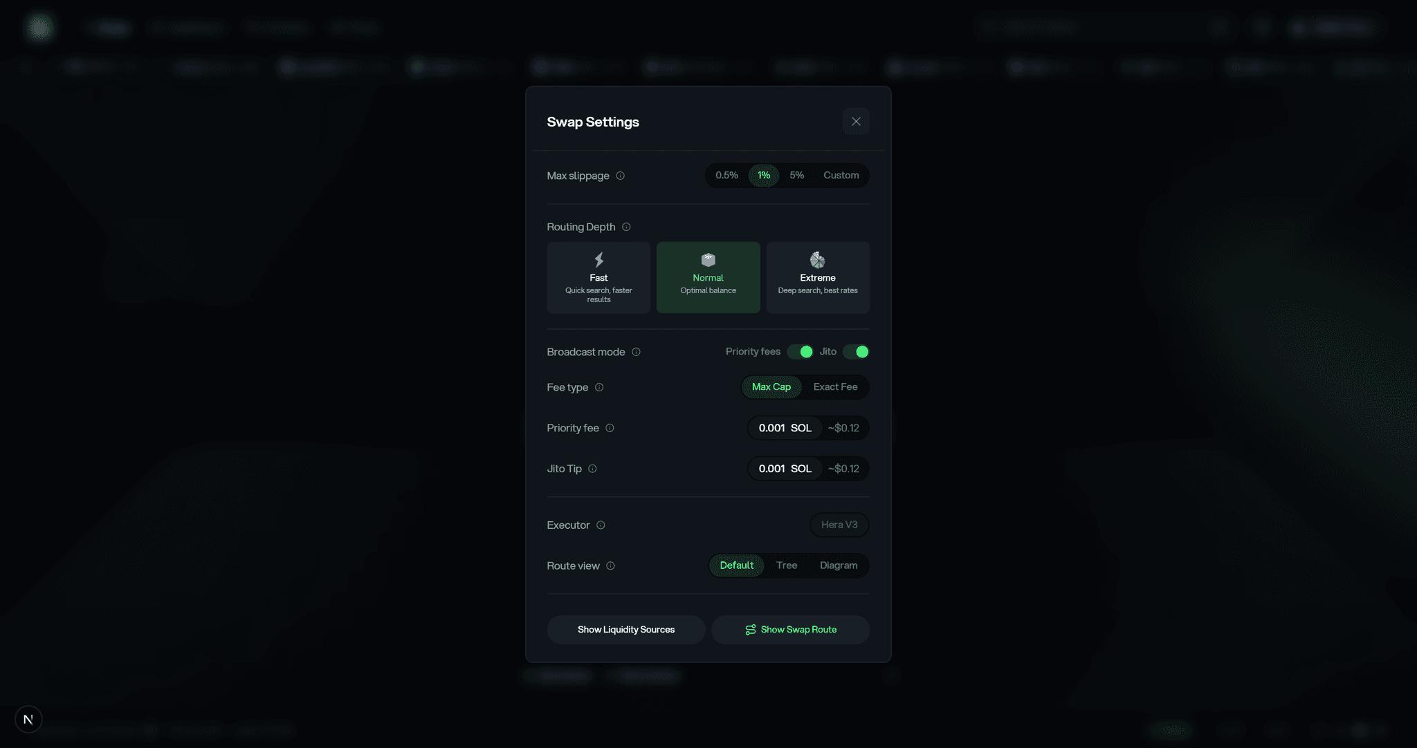 Hera Finance swap settings panel