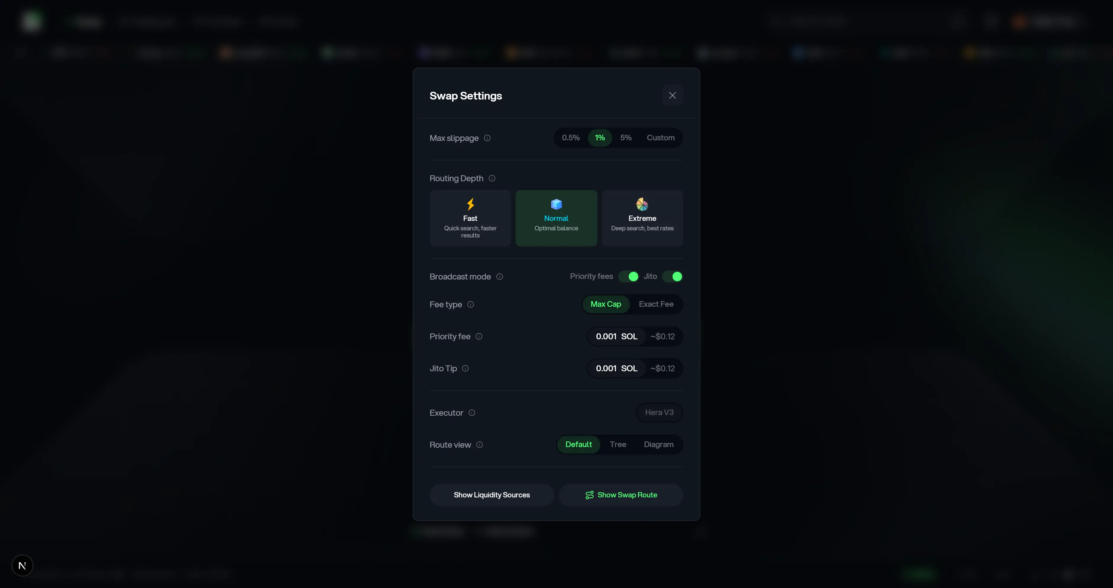 Hera Finance swap settings panel