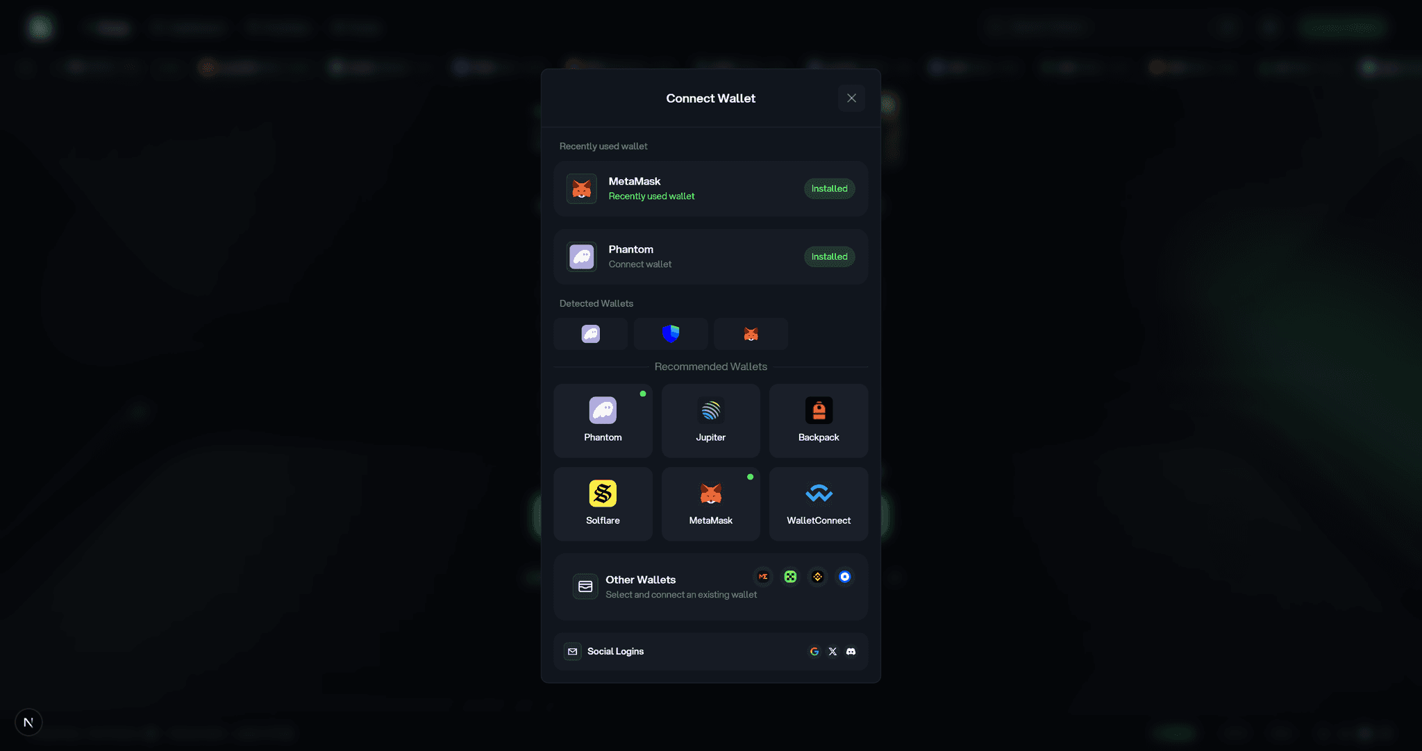 Hera Finance wallet selection screen