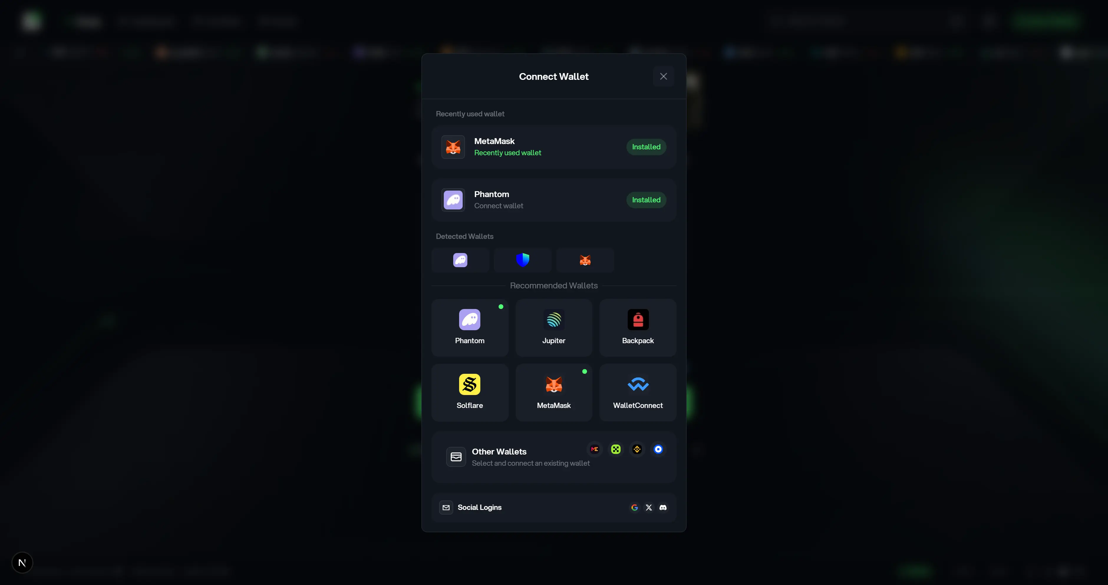 Hera Finance wallet selection screen