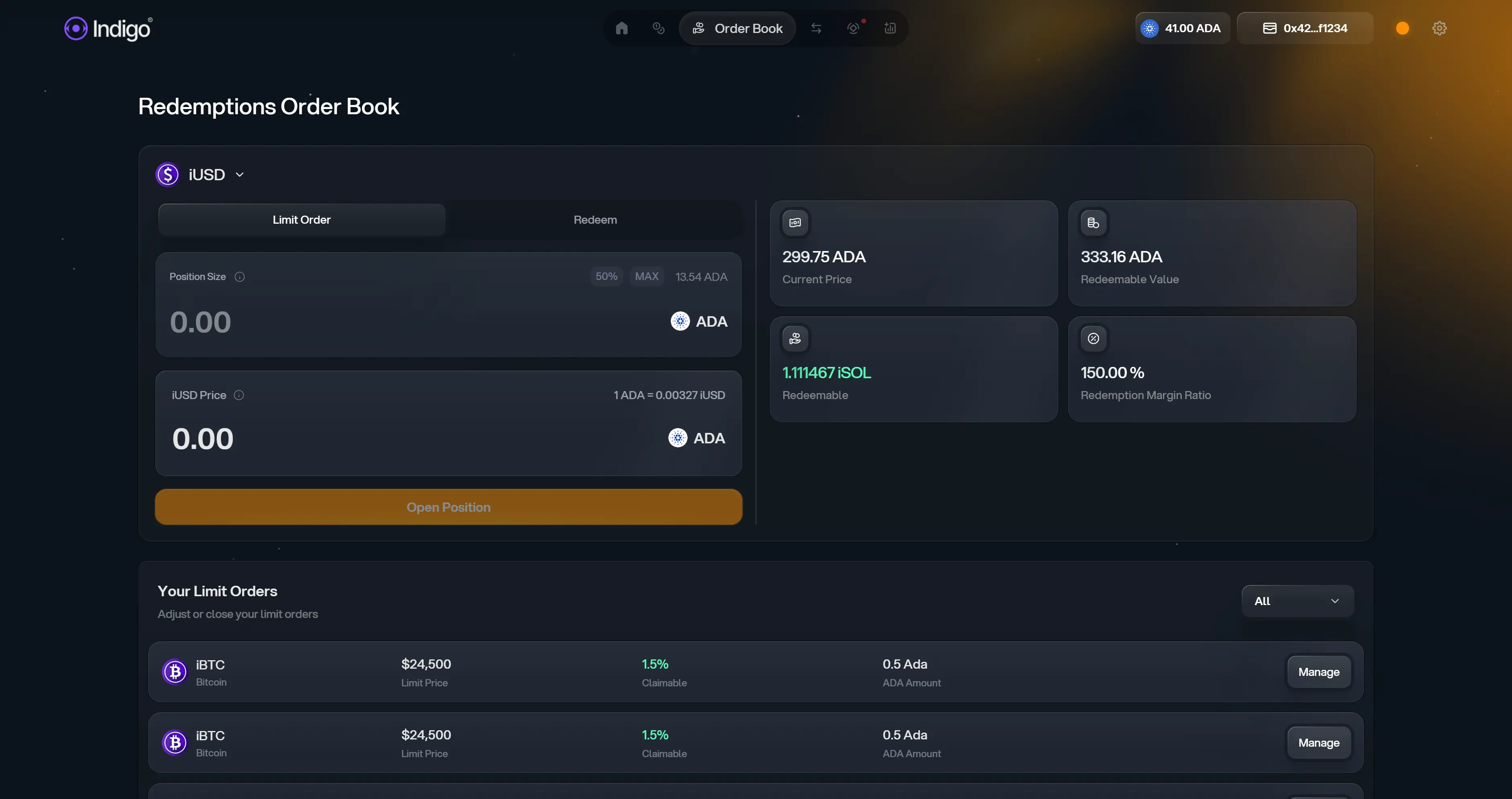 Indigo order book and redemption interface