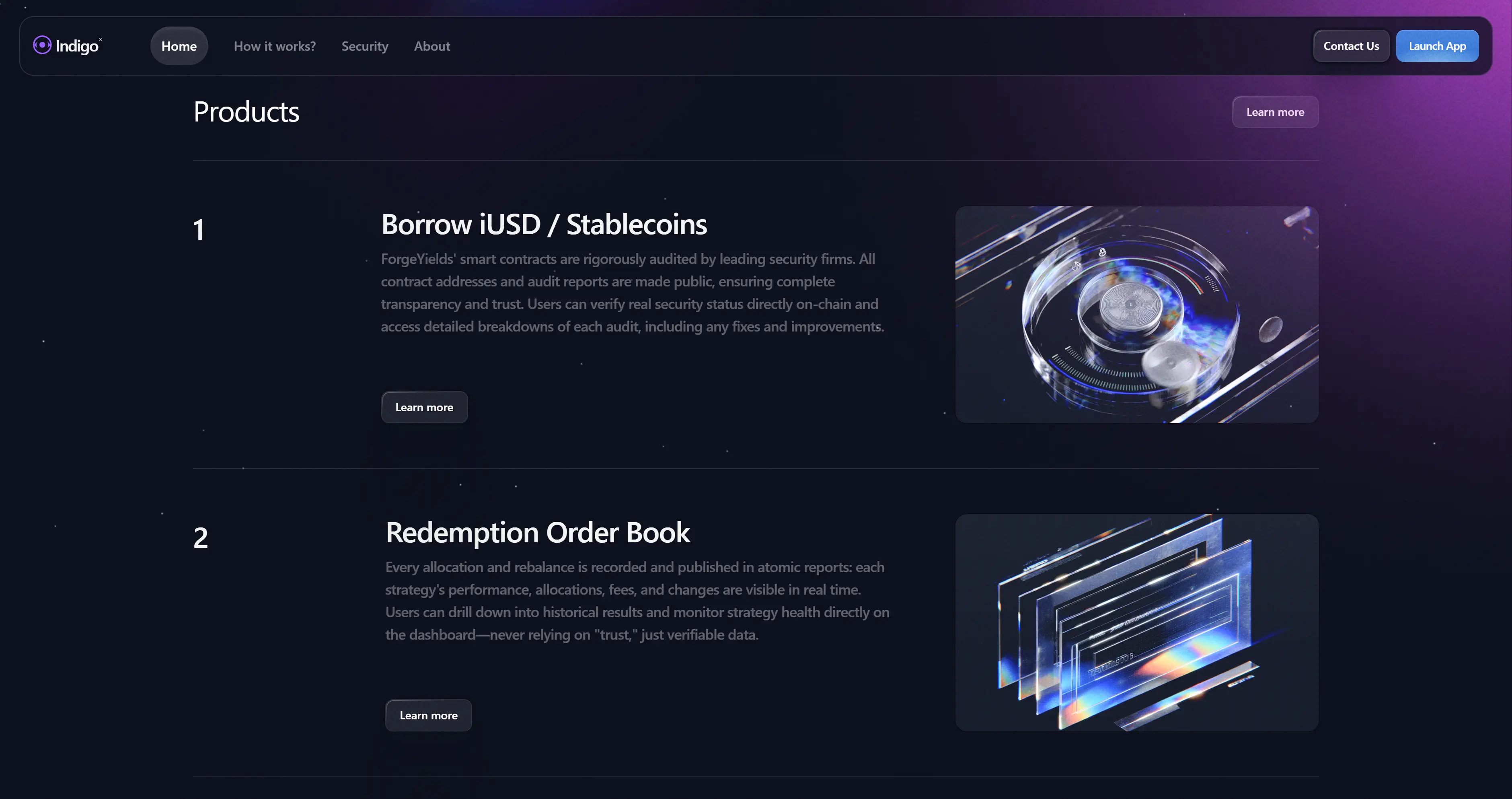 Indigo website products section