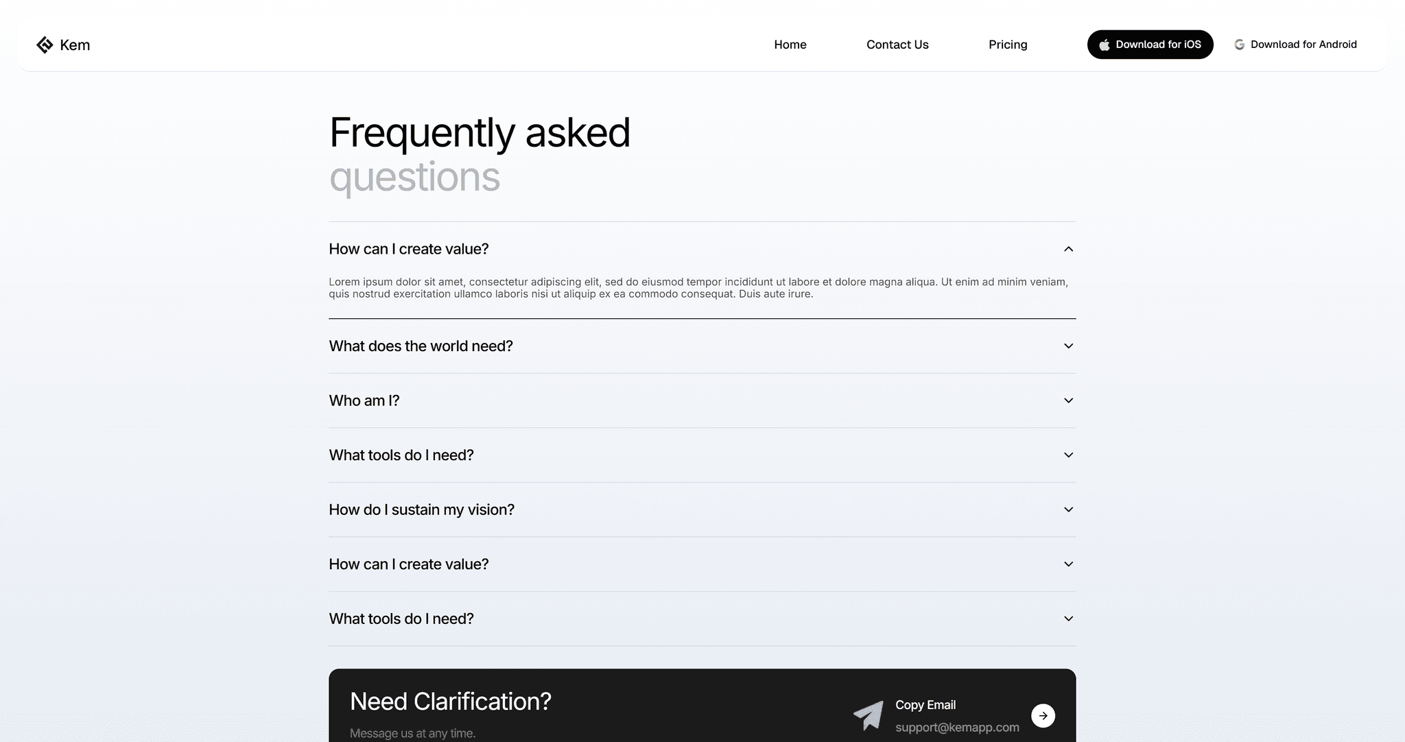 Kem FAQ and support section