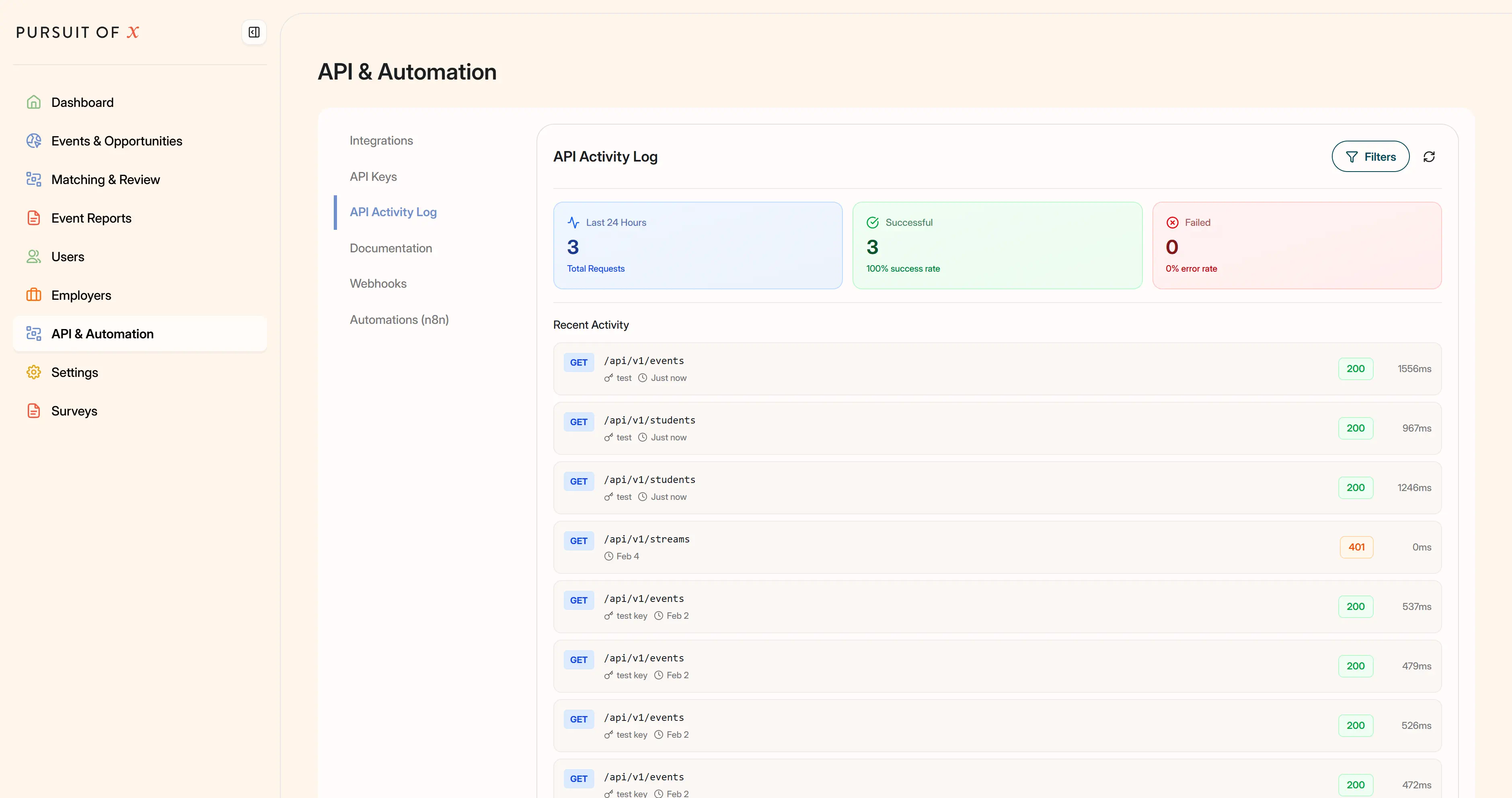 POX API activity logs