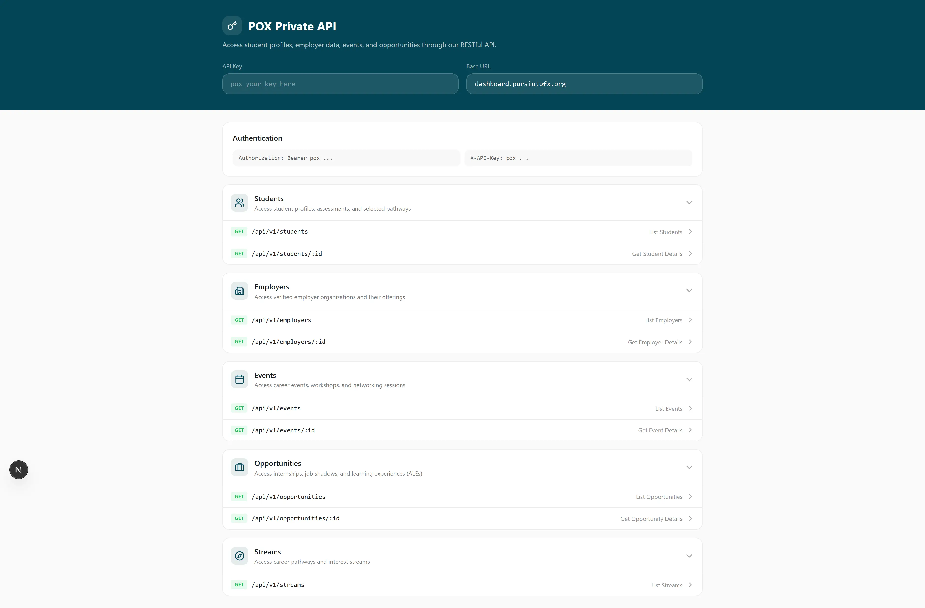POX private API documentation