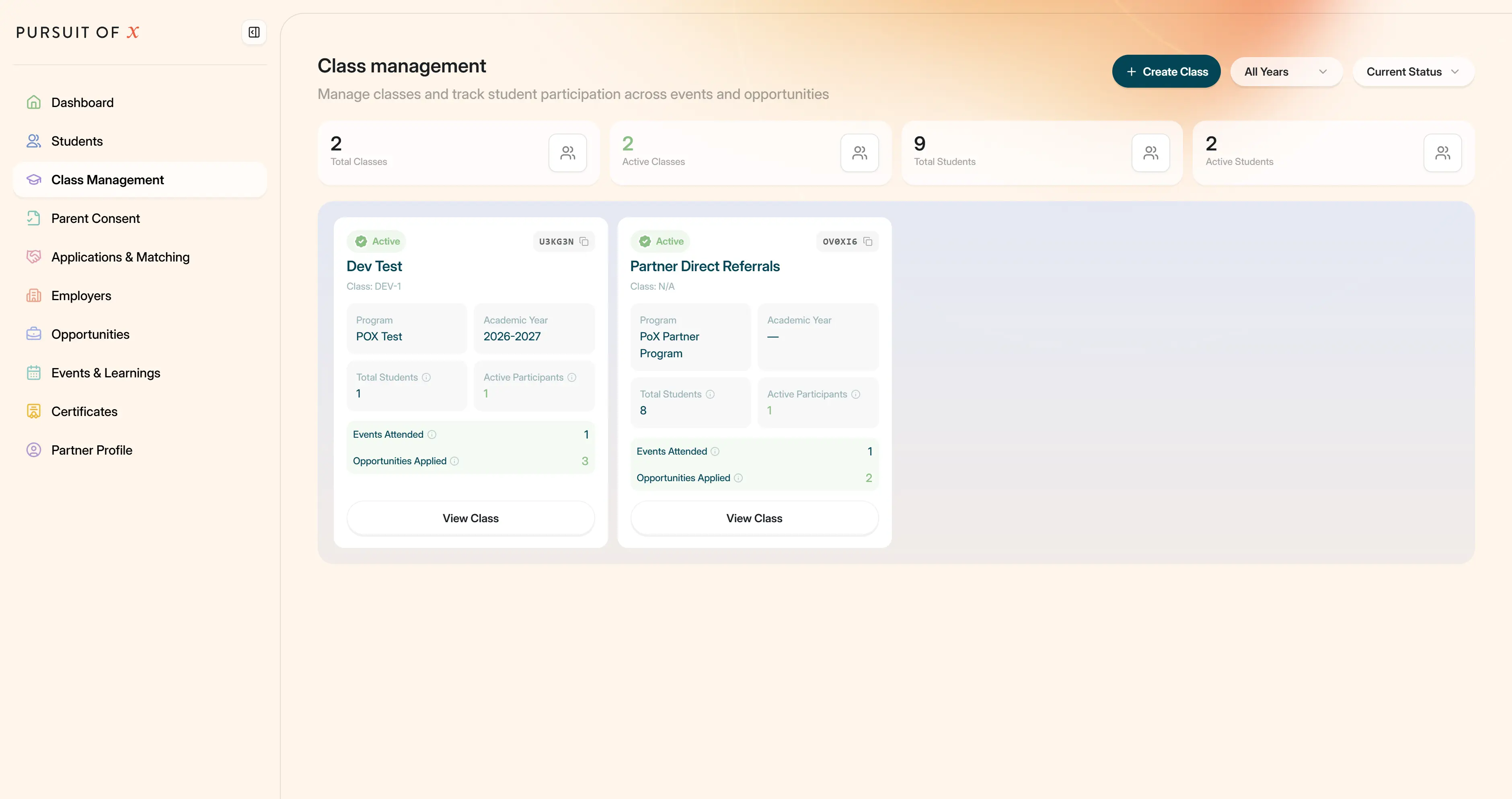 POX partner class management and referral flows