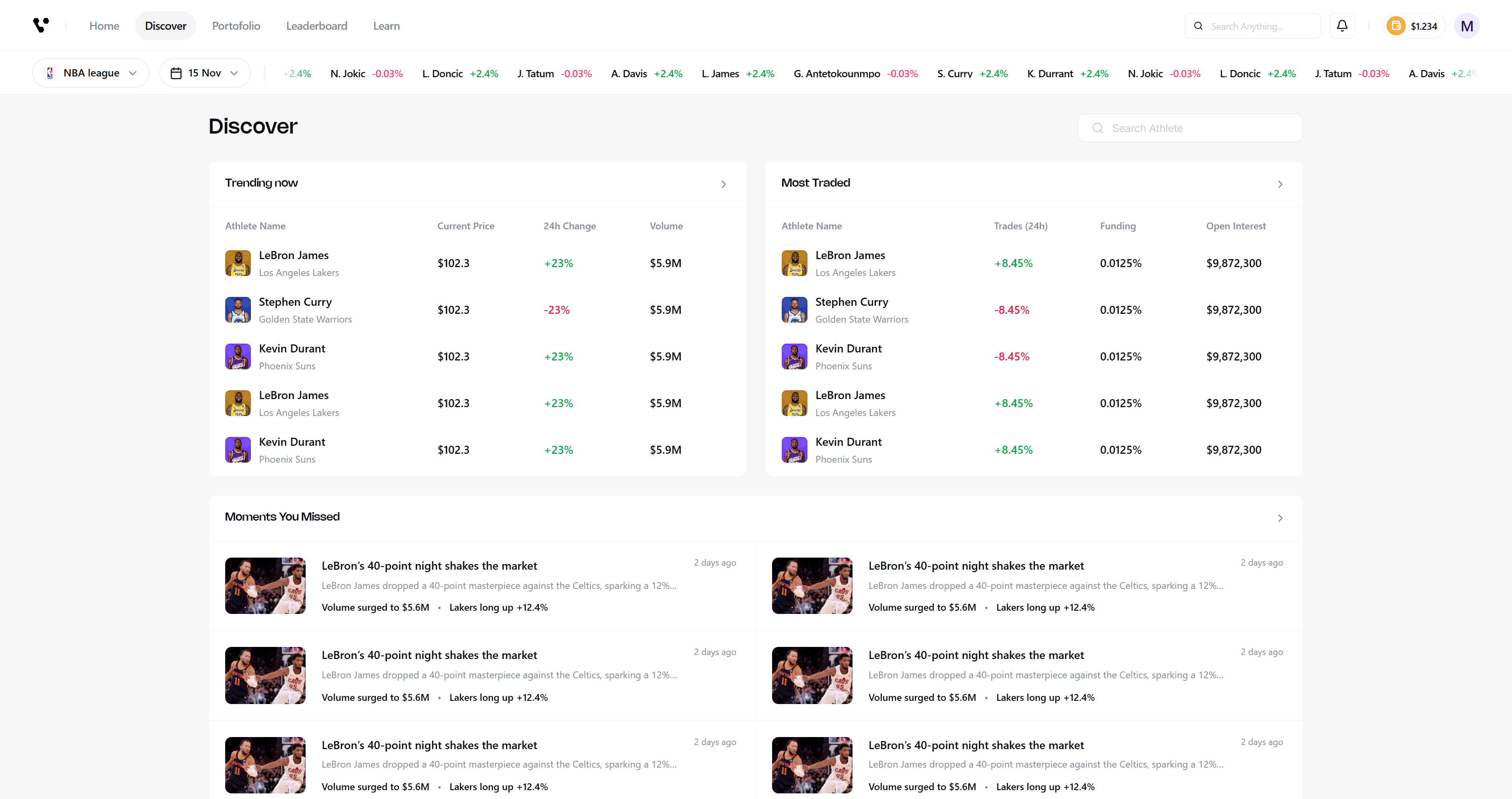 Vibranium discover page with trending and most traded tables
